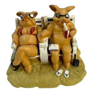 Funny Piggy Couple Beach Figurine Sunbathing Nude Bikini Humor Soda & Shades